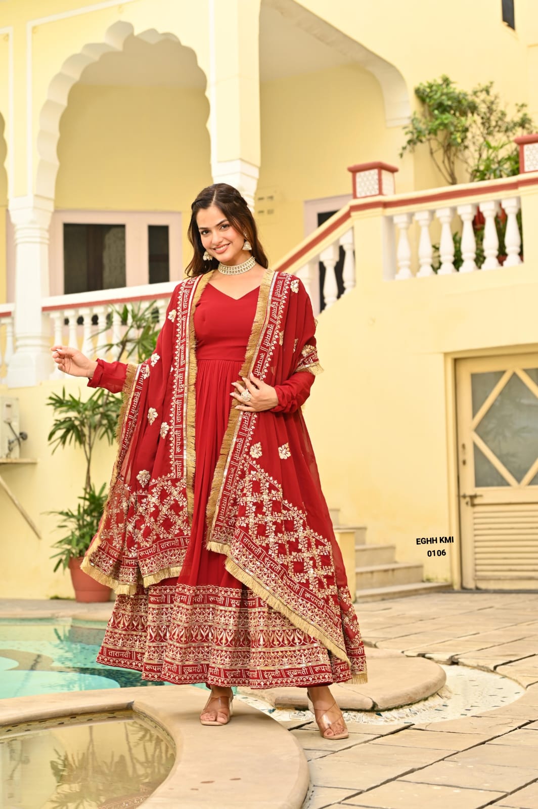 Premium Embroidered Flared Anarkali Suit Set with Dupatta – Red & Gold